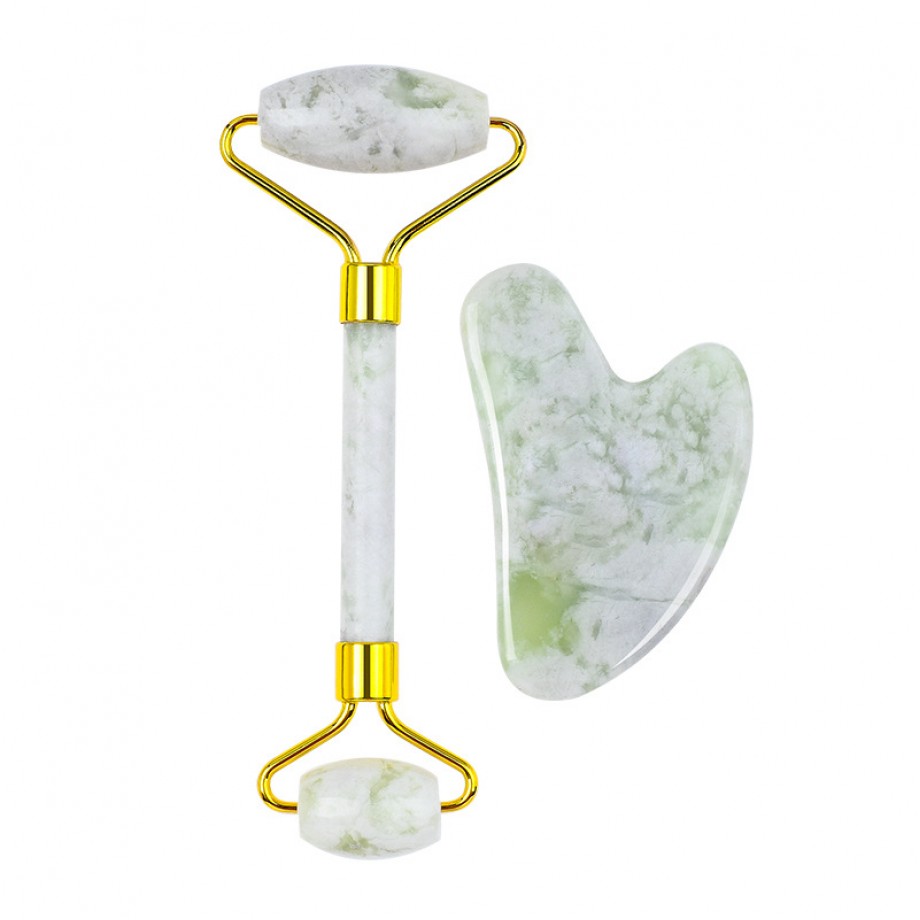 Набор из роликового массажера и гуаша из светло-зеленого жадеита Beautystone Facial Massage Set Light Jade